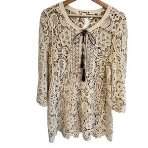 Ruff Hewn Womens Crochet Boho Tunic Size L Cream Festival Beachy Resort Vacation